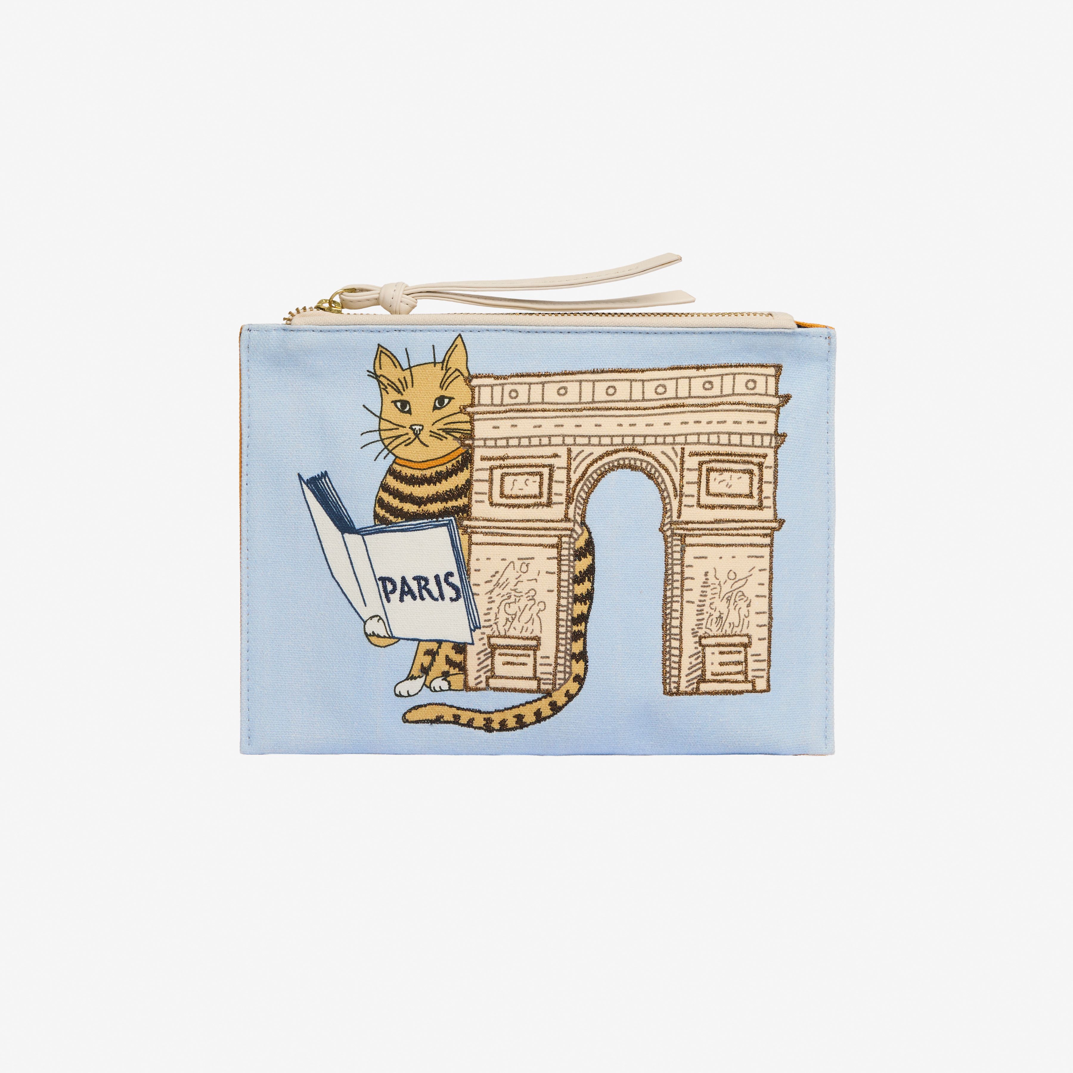 Pochette Brodée - Chat - Bleu Clair
